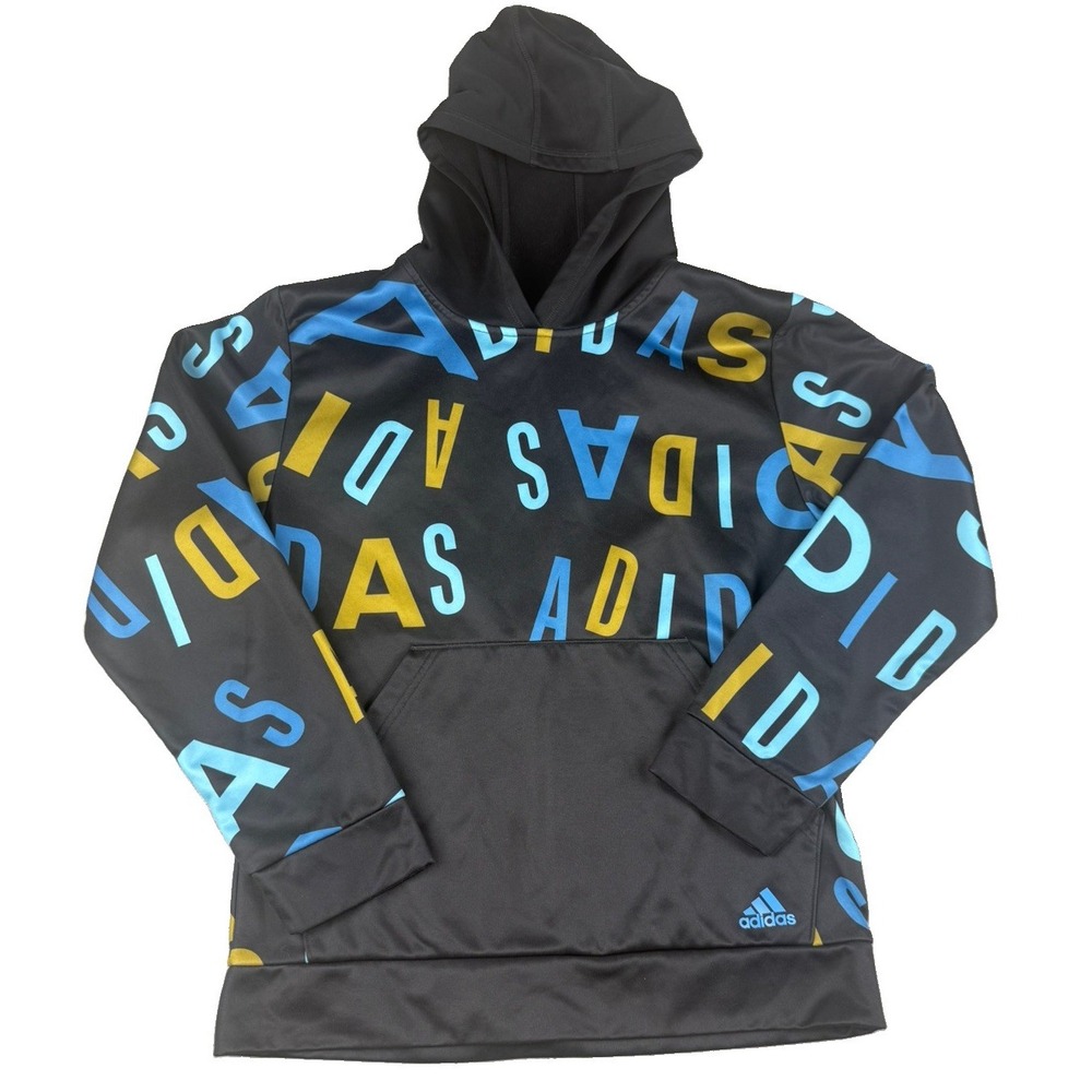 Adidas Womens XL 18/20 Hoodie All Over Logo Graphic Pullover Black Blue Gold